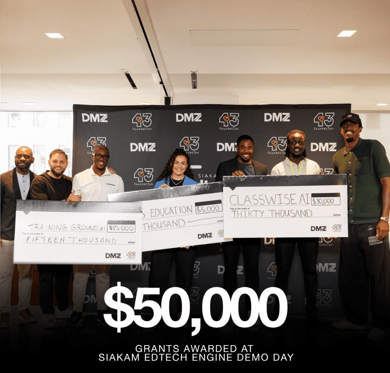 Classwise founder Derah Onuorah holding the $30,000 first-place cheque with the Siakam EdTech Engine grant recipients and organizers