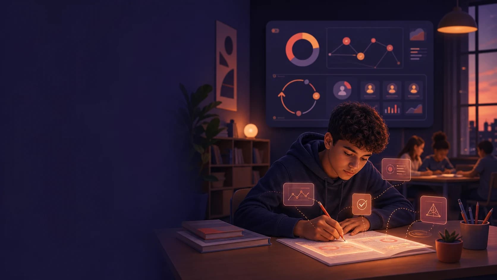 Student working on paper with gentle AI-guided feedback and a teacher insight dashboard in the background