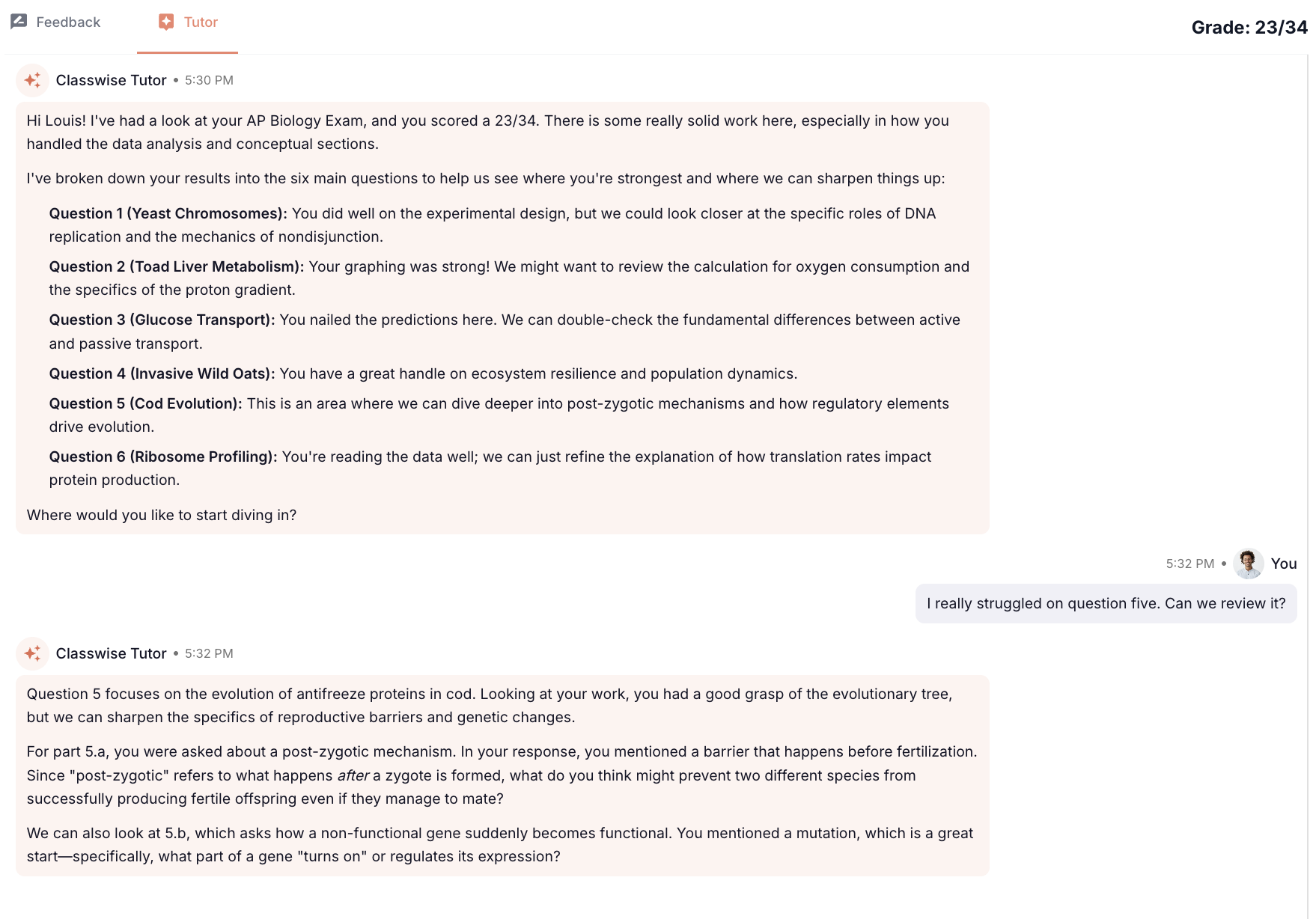 Personalized tutor chat panel using assessment feedback to guide a student
